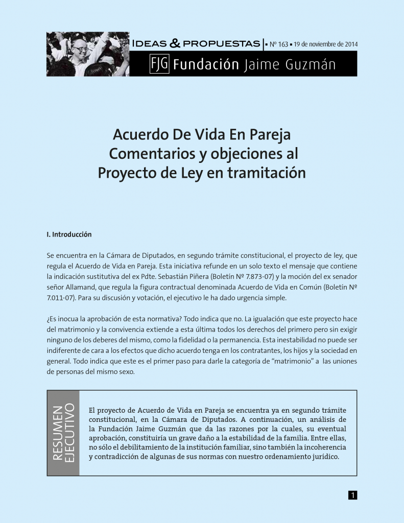 Acuerdo de Vida en Pareja: comentarios y objeciones al Proyecto de Ley en  tramitación - Fundación Jaime Guzmán